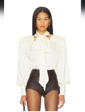Revana Satin Tie Neck Blouse in Ivory